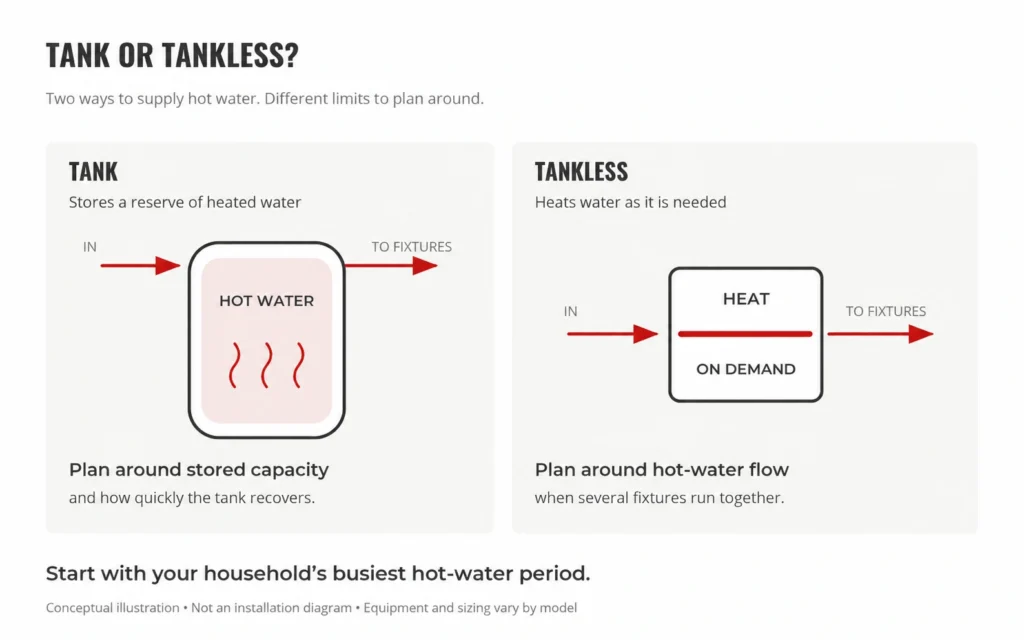 Illustration comparing stored hot water in a tank with water heated on demand by a tankless system.