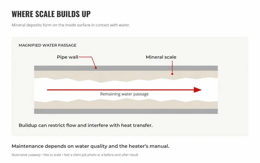 Illustrative pipe cross-section showing mineral deposits on the inner wall and a narrower remaining water passage.
