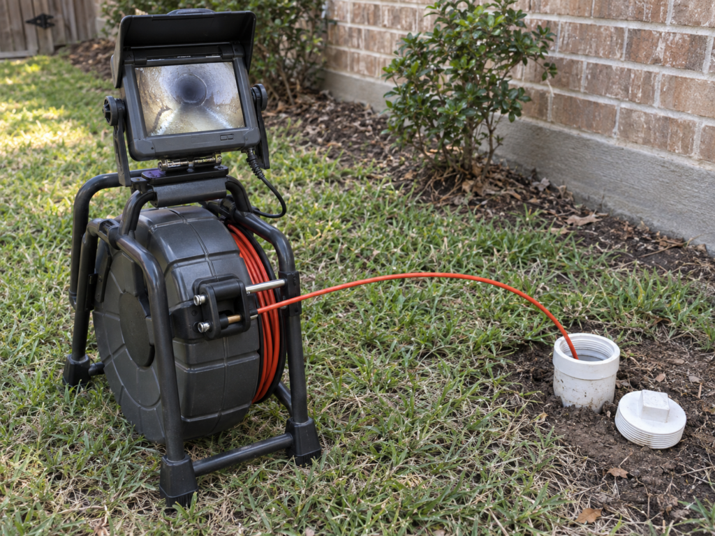 Illustrative sewer camera and monitor beside a residential cleanout