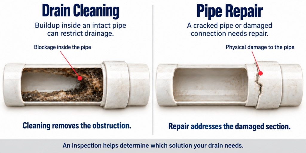 Illustration comparing a drain obstruction with a damaged pipe joint