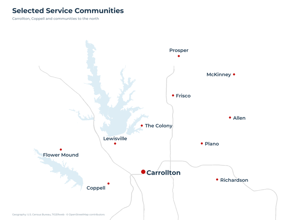 Selected Plumbing Dynamics service communities around Carrollton and North Dallas