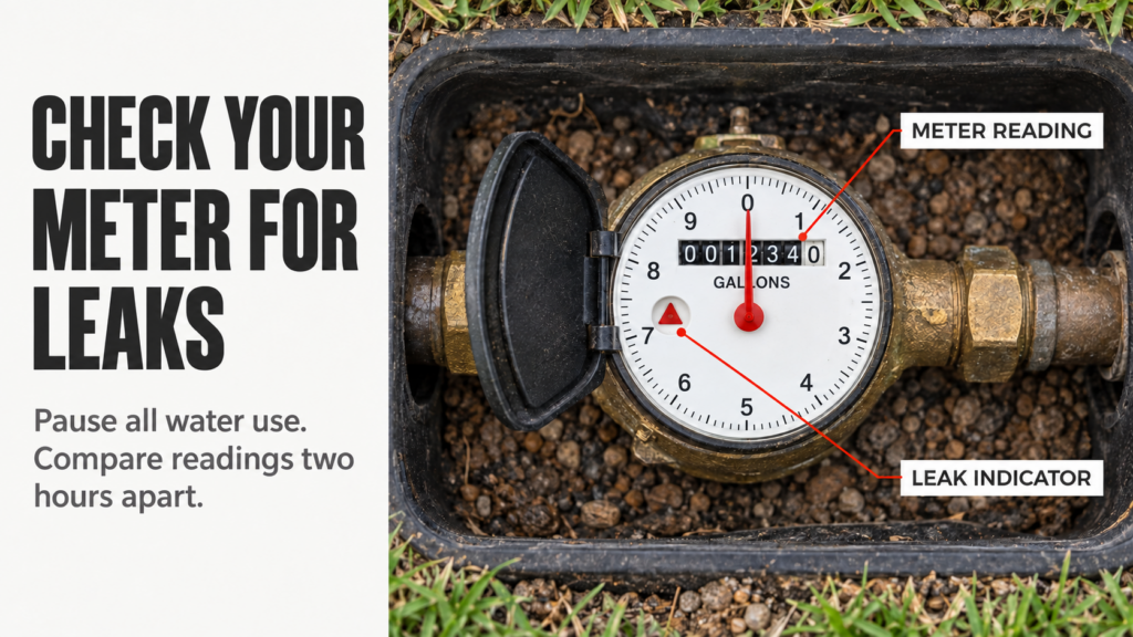 Open residential water meter box with the meter reading and triangular flow indicator labeled for a water leak check.