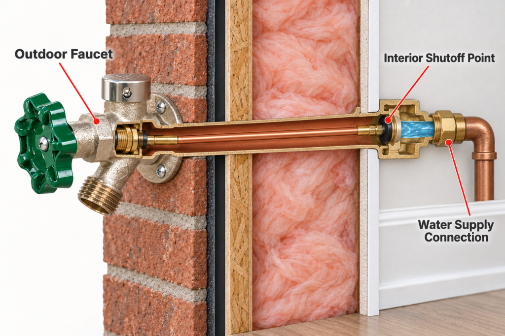 Cutaway of a frost-free outdoor faucet showing its interior shutoff point and water supply connection.