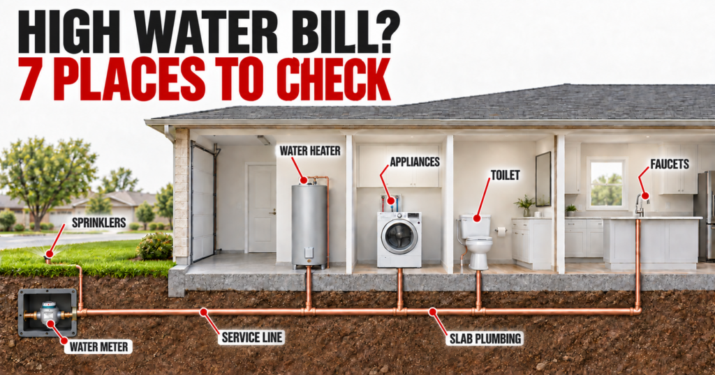 Home cutaway showing seven places to check for a high water bill, including toilets, sprinklers, appliances, and underground water pipes.