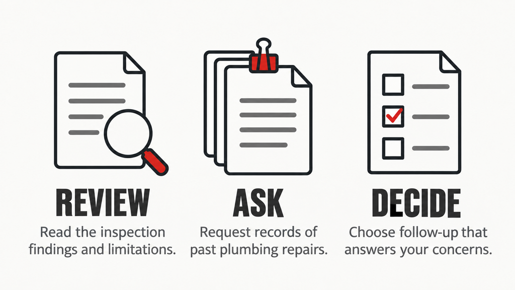 Review: Read the inspection findings and limitations. Ask: Request records of past plumbing repairs. Decide: Choose follow-up that answers your concerns.
