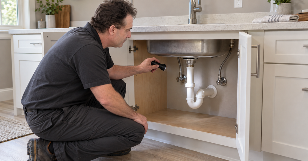 Plumber examining the drain and water-supply connections beneath a kitchen sink with a flashlight.