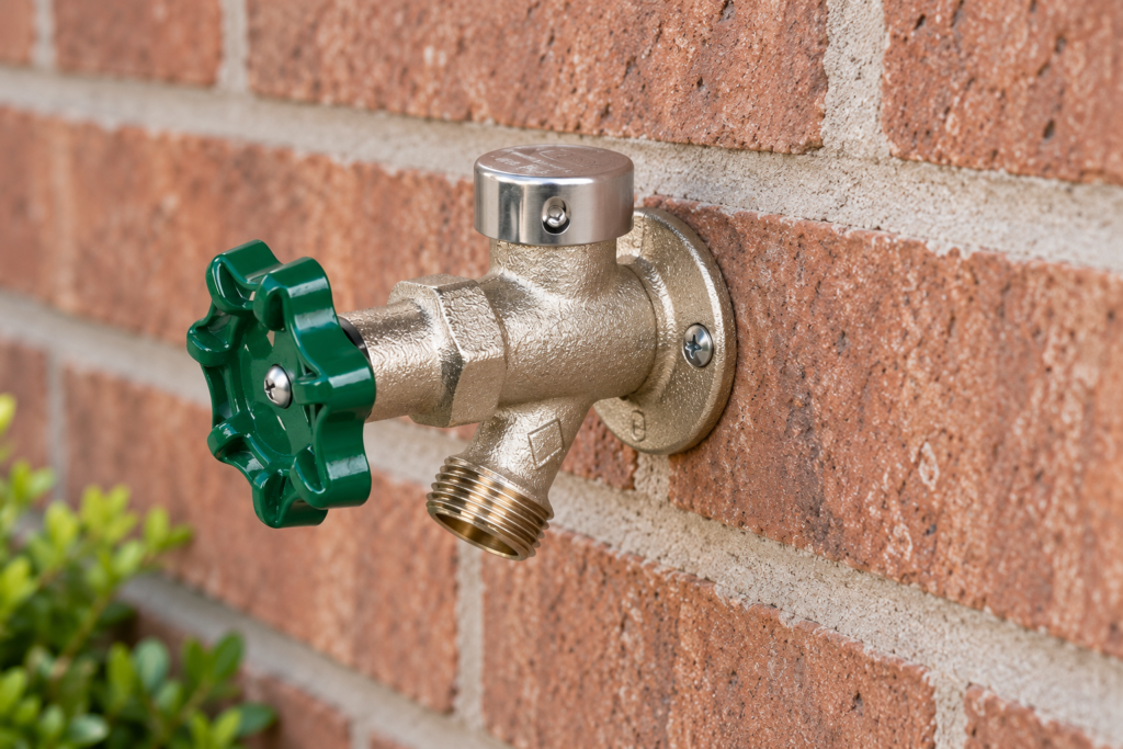 Outdoor faucet with a green handle, top vacuum-breaker cap and threaded hose outlet on a brick wall.