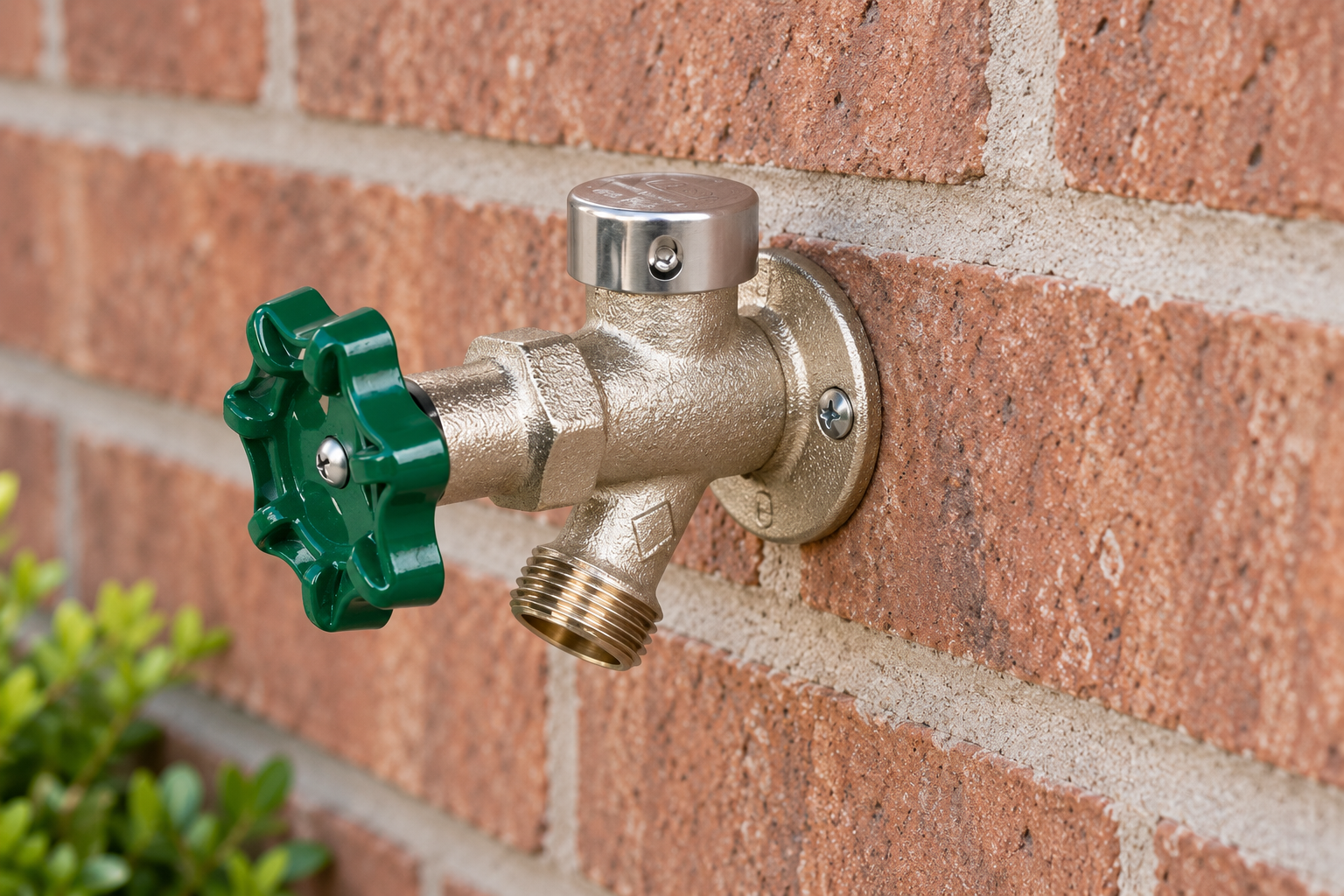 Outdoor faucet with a green handle, top vacuum-breaker cap and threaded hose outlet on a brick wall.