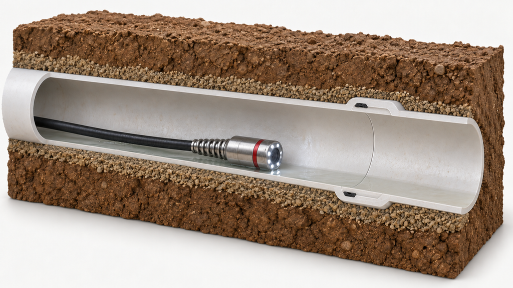 Cutaway showing a push camera inside a sewer pipe, with its cable trailing behind and an intact joint ahead.
