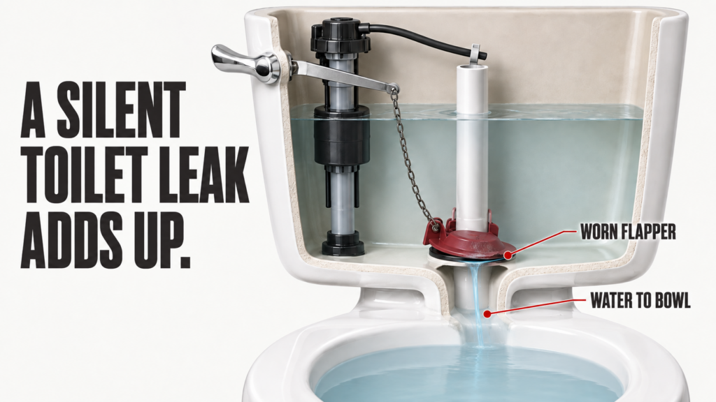 Toilet tank cutaway showing water seeping past a worn flapper seal into the bowl, illustrating a hidden cause of high water bills.
